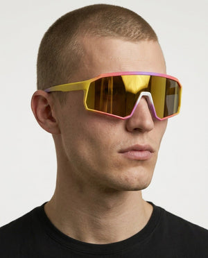 Brooklyn sport shield sunglasses in Grey / Yellow, grey lens on yellow frame, worn by a man, front view