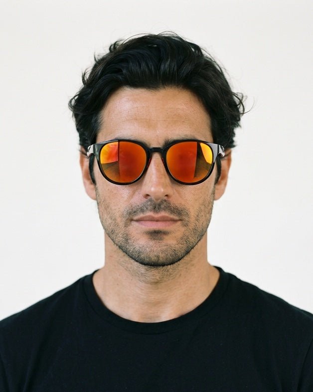 Hollis retro round sunglasses in Orange / Black, orange lens on black frame, worn by a man, front view