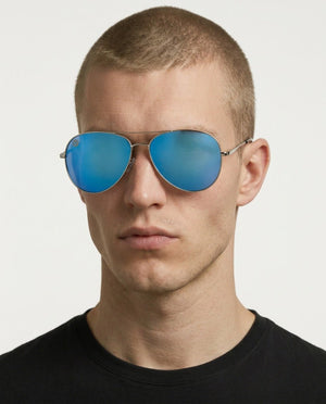 Nexus metal aviator sunglasses in Blue / Silver, blue lens on silver frame, worn by a man, front view
