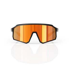 Brooklyn sport shield sunglasses in Orange / Black, orange lens on black frame, front view