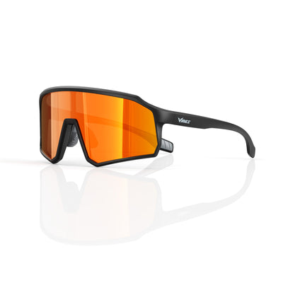 Brooklyn sport shield sunglasses in Orange / Black, orange lens on black frame, three-quarter view