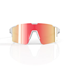 Dial Up sport shield sunglasses in Pink / White, pink lens on white frame, front view