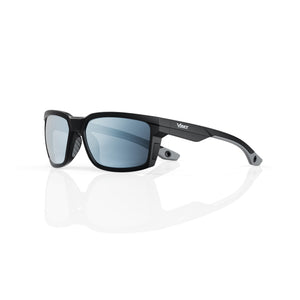 Flux sport wrap sunglasses in Grey / Black, grey lens on black frame, three-quarter view