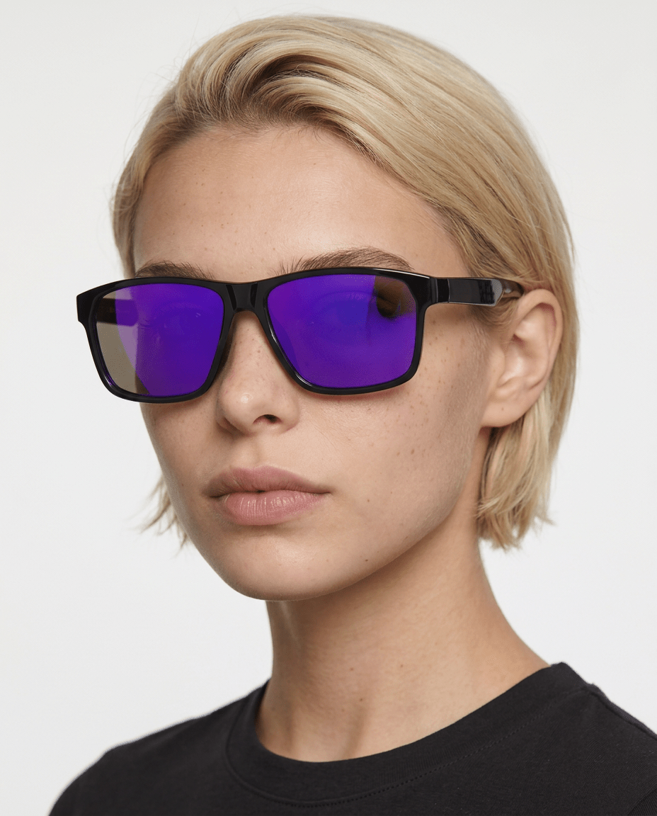Delmar flat-top square sunglasses in Purple / Black, purple lens on black frame, worn by a woman, front view
