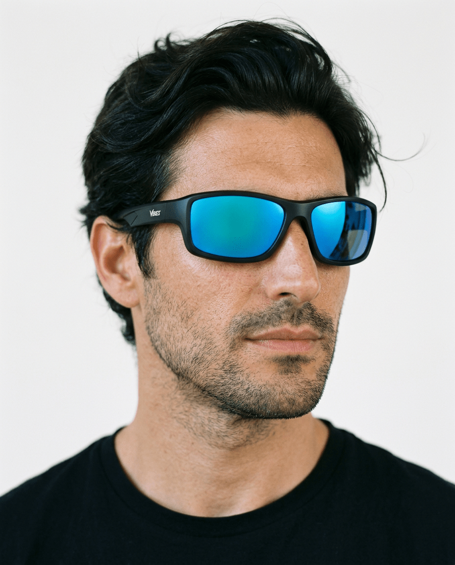 Nova sport wrap sunglasses in Blue / Black, blue lens on black frame, worn by a man, front view