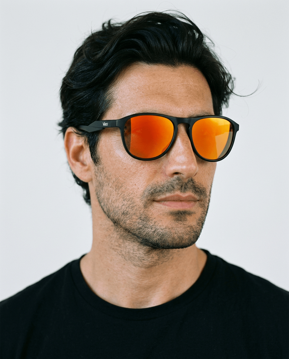 Orbit rounded aviator sunglasses in Orange / Black, orange lens on black frame, worn by a man, front view