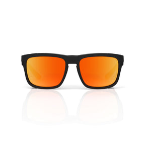 Juno side-shield wrap sunglasses in Orange / Black, orange lens on black frame, front view