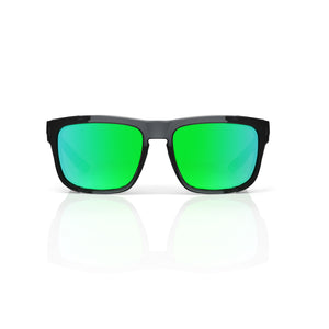 Juno side-shield wrap sunglasses in Green / Black, green lens on black frame, front view