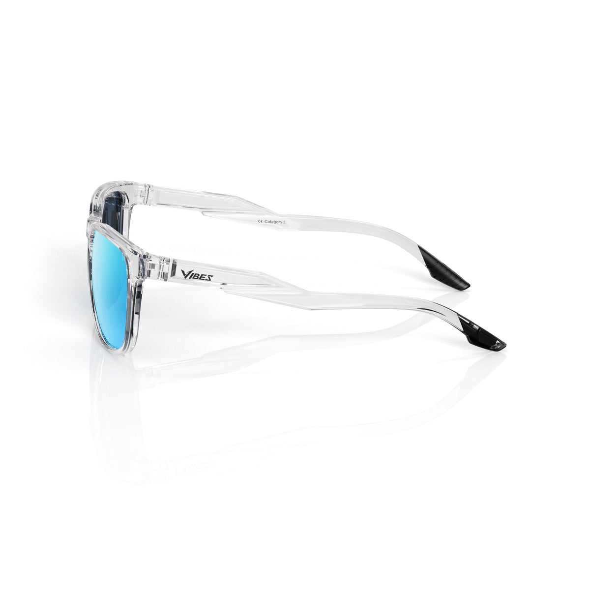 Marlow square sunglasses in Blue / Clear, blue lens on clear frame, side view