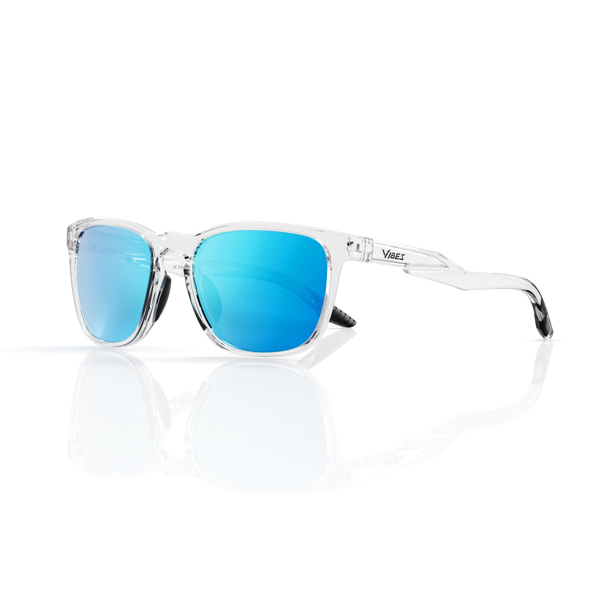 Marlow square sunglasses in Blue / Clear, blue lens on clear frame, three-quarter view
