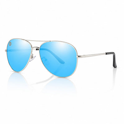 Nexus metal aviator sunglasses in Blue / Silver, blue lens on silver frame, three-quarter view