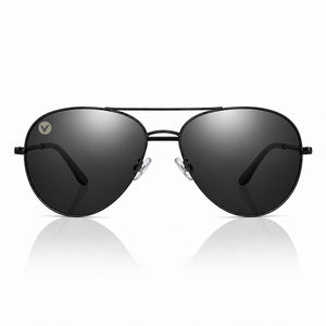 Nexus metal aviator sunglasses in Grey / Black, grey lens on black frame, front view