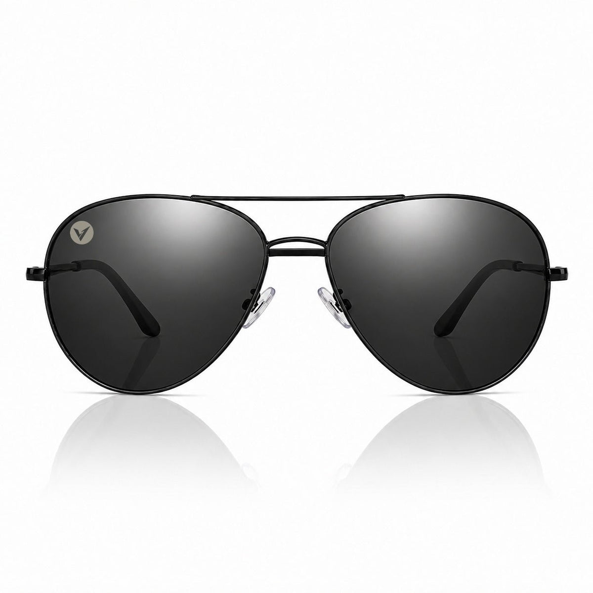 Nexus metal aviator sunglasses in Grey / Black, grey lens on black frame, front view