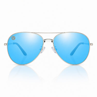 Nexus metal aviator sunglasses in Blue / Silver, blue lens on silver frame, front view
