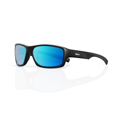 Nova sport wrap sunglasses in Blue / Black, blue lens on black frame, three-quarter view