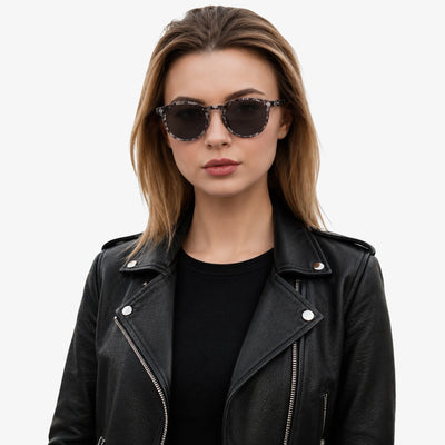 Onyx round retro sunglasses in Black / White Tortoise, black lens on white tortoise frame, front view