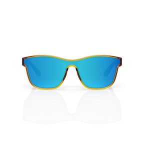 Radar performance wrap sunglasses in Blue / Yellow, blue lens on yellow frame, front view