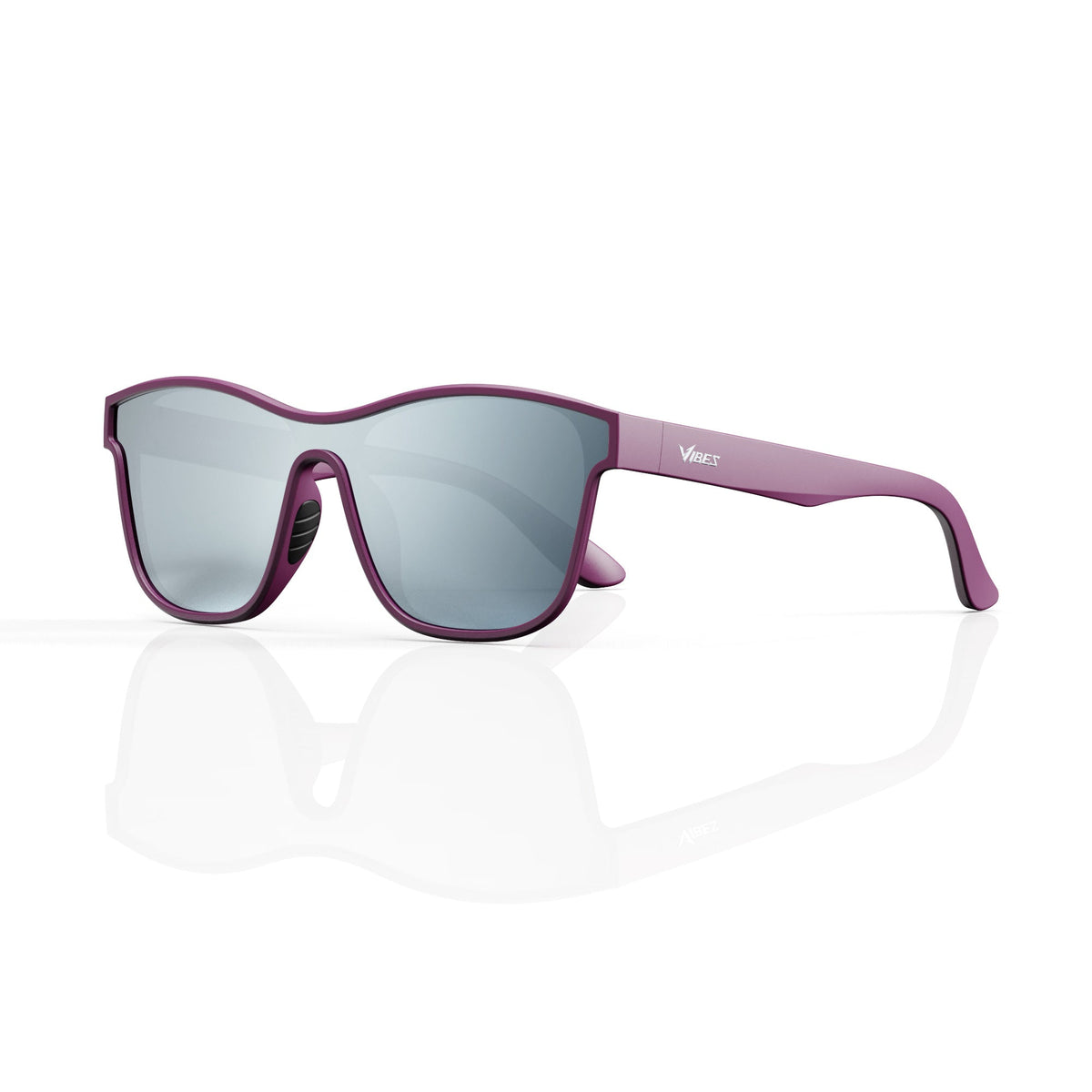 Radar performance wrap sunglasses in Silver / Purple, silver lens on purple frame, three-quarter view
