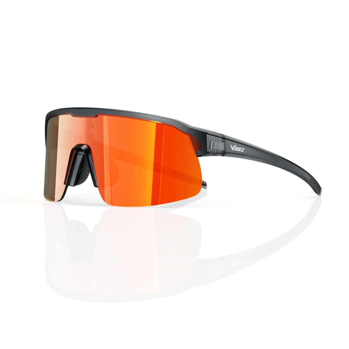 Rialto one-piece shield sunglasses in Orange / Black, orange lens on black frame, three-quarter view