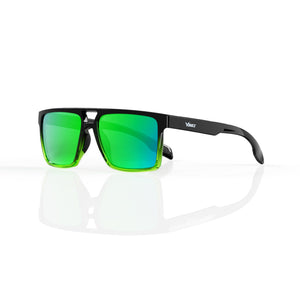 Sasha flat-top square sunglasses in Green / Black, green lens on black frame, three-quarter view