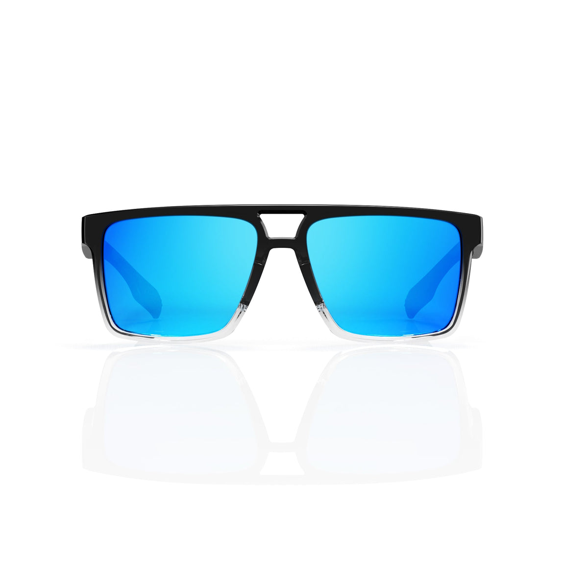 Sasha flat-top square sunglasses in Blue / Black/Clear, blue lens on black/clear frame, front view