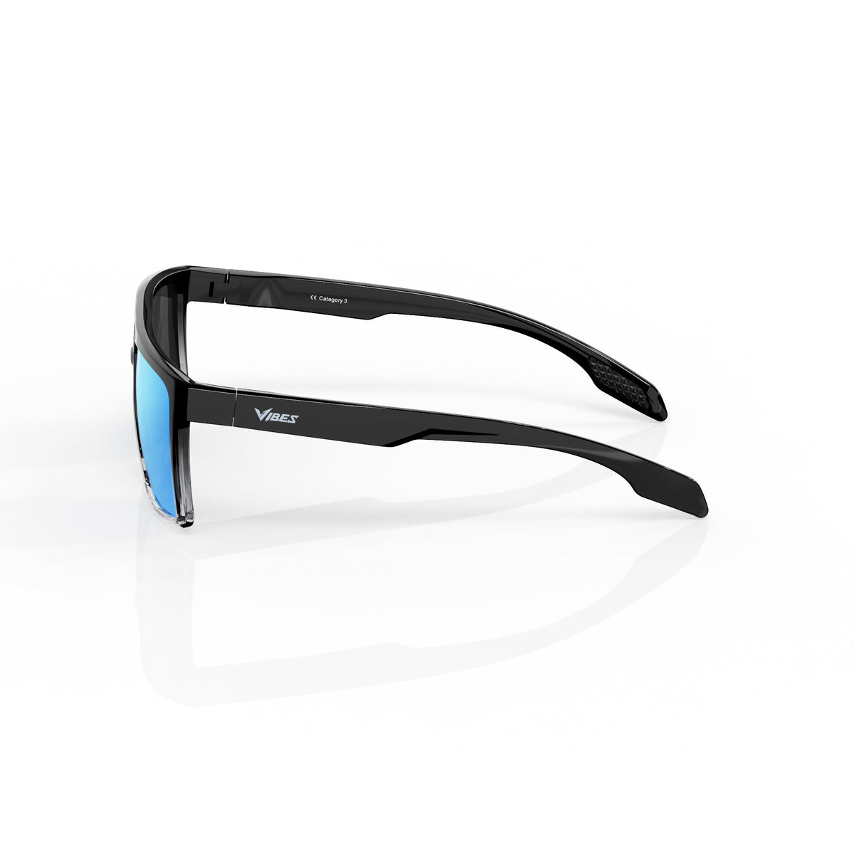 Sasha flat-top square sunglasses in Blue / Black/Clear, blue lens on black/clear frame, side view