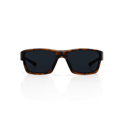 Specter slim wrap sunglasses in Black / Tortoise, black lens on tortoise frame, front view