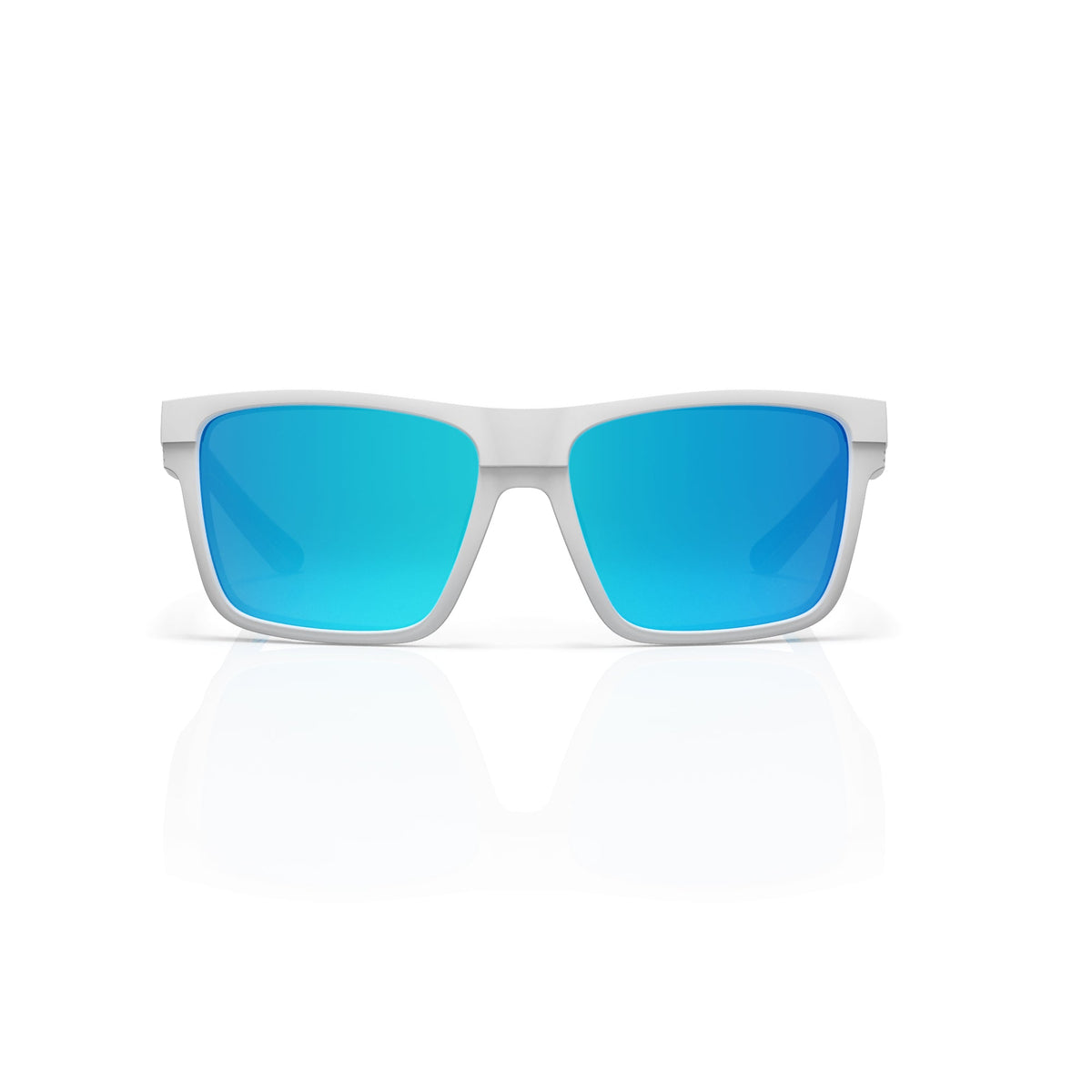 Theo bold wrap sunglasses in Blue / White, blue lens on white frame, front view