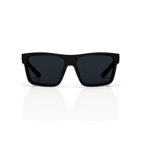 Theo bold wrap sunglasses in Black / Black, black lens on black frame, front view