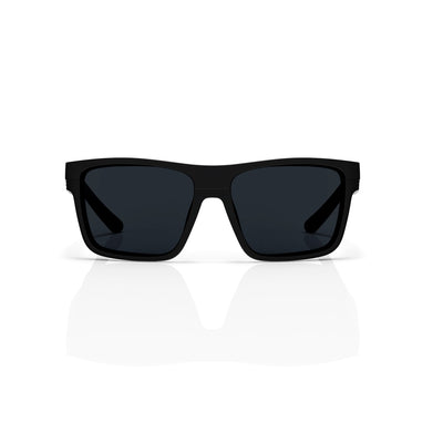 Theo bold wrap sunglasses in Black / Black, black lens on black frame, front view